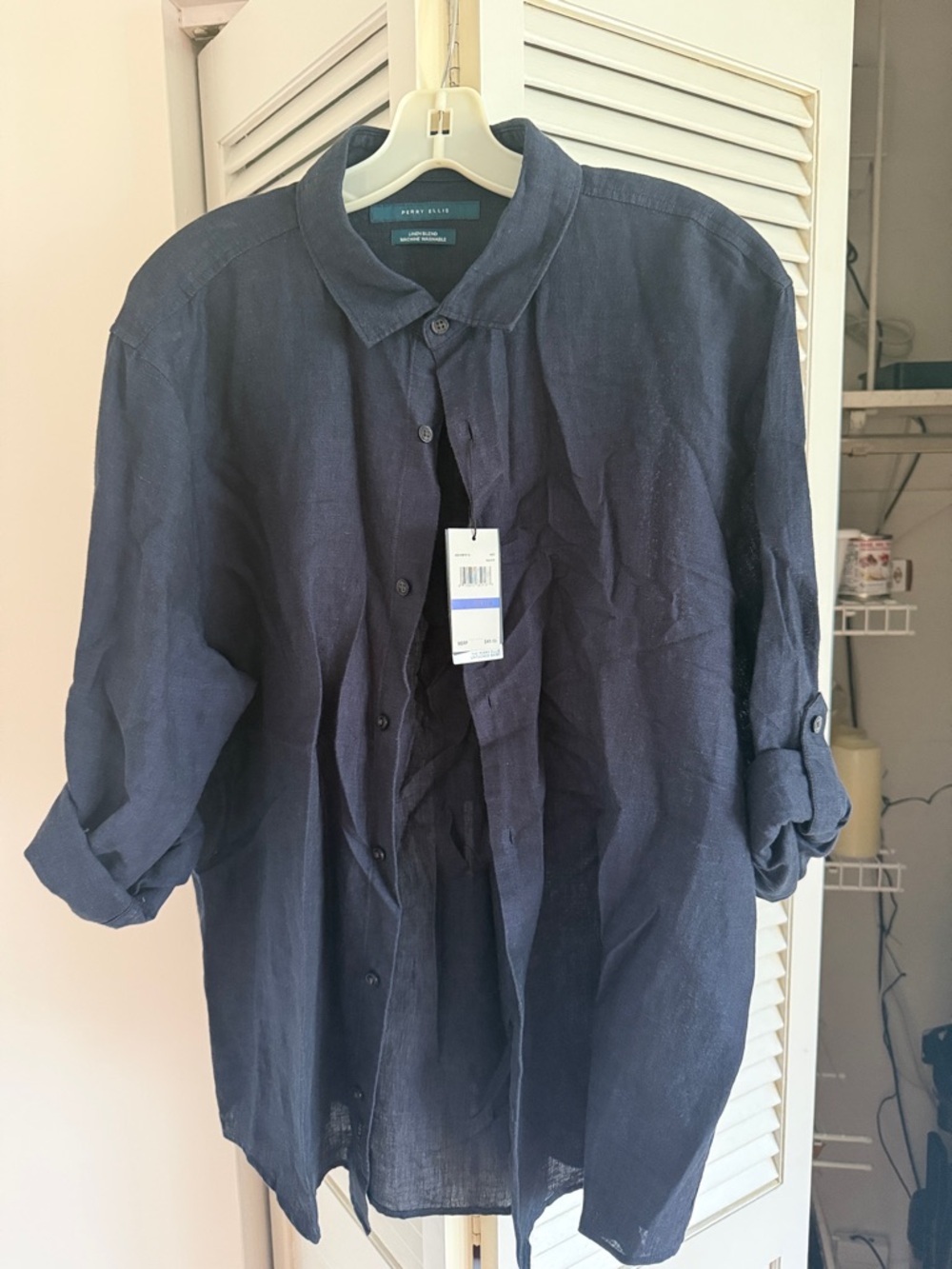 Perry Ellis Navy Linen Button-Down Shirt